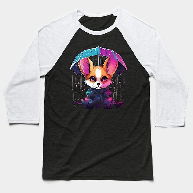 Fennec Fox Rainy Day With Umbrella Baseball T-Shirt by JH Mart